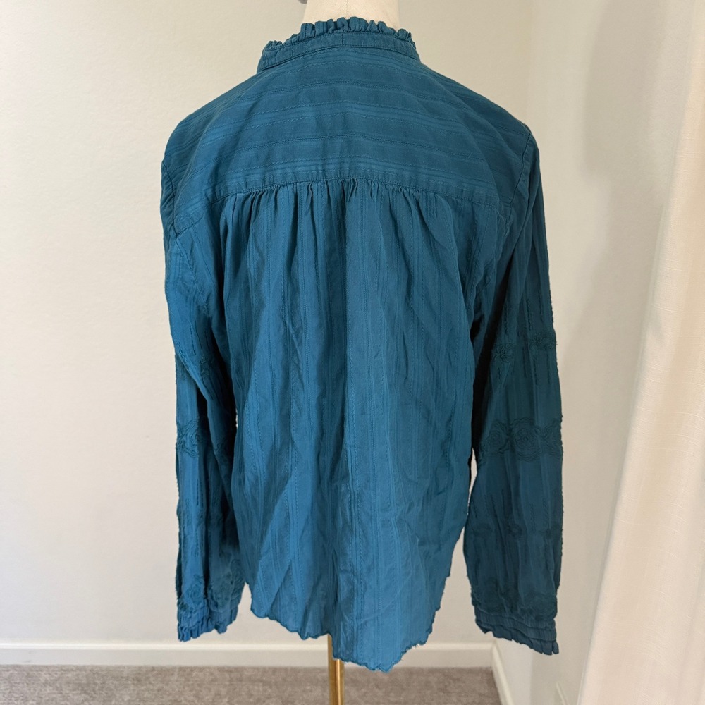 Sundance Blue Embroidered Cotton Boho Blouse Lace Ruffle Large Cottagecore - Picture 7 of 10